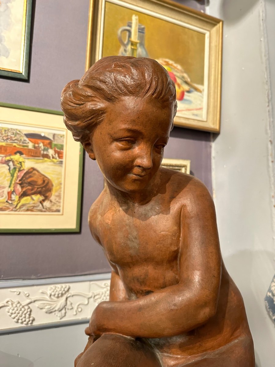 Young Girl Sitting On A Rock Holding A Bow In Terracotta 18th Century -photo-3