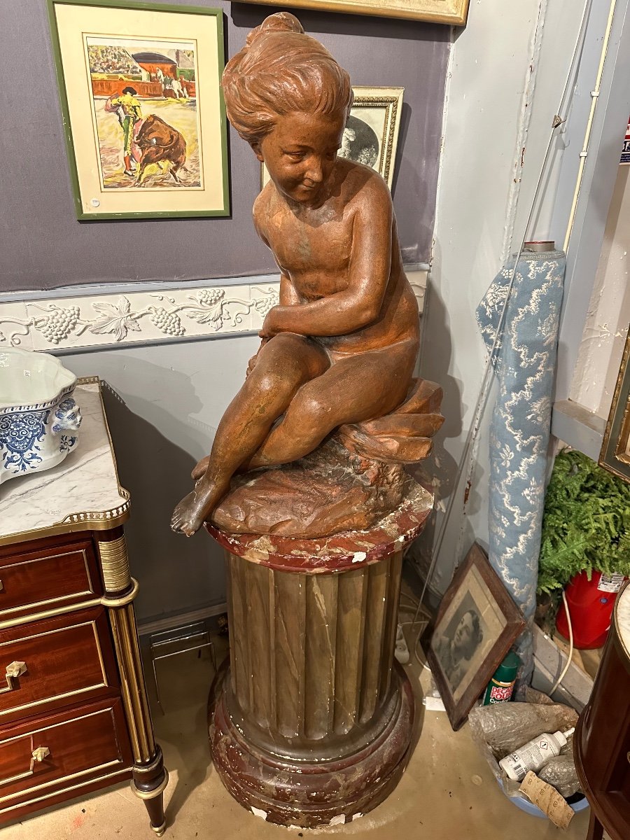 Young Girl Sitting On A Rock Holding A Bow In Terracotta 18th Century -photo-4