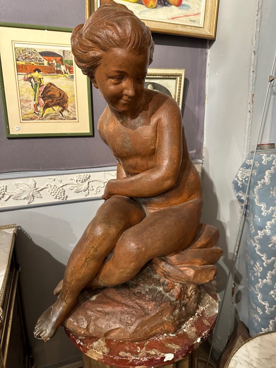 Young Girl Sitting On A Rock Holding A Bow In Terracotta 18th Century -photo-5