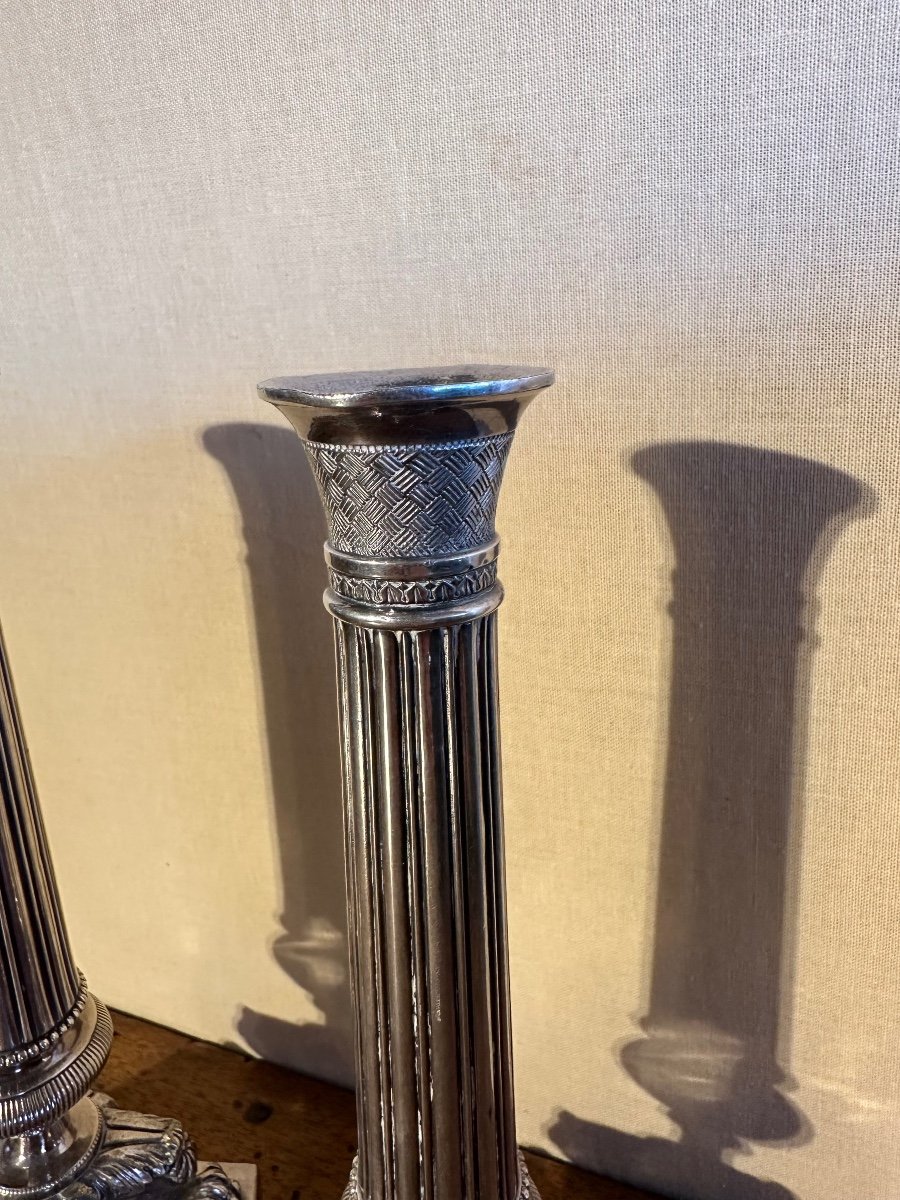 Pair Of Restoration Period Candlesticks In Silver-plated Bronze -photo-3