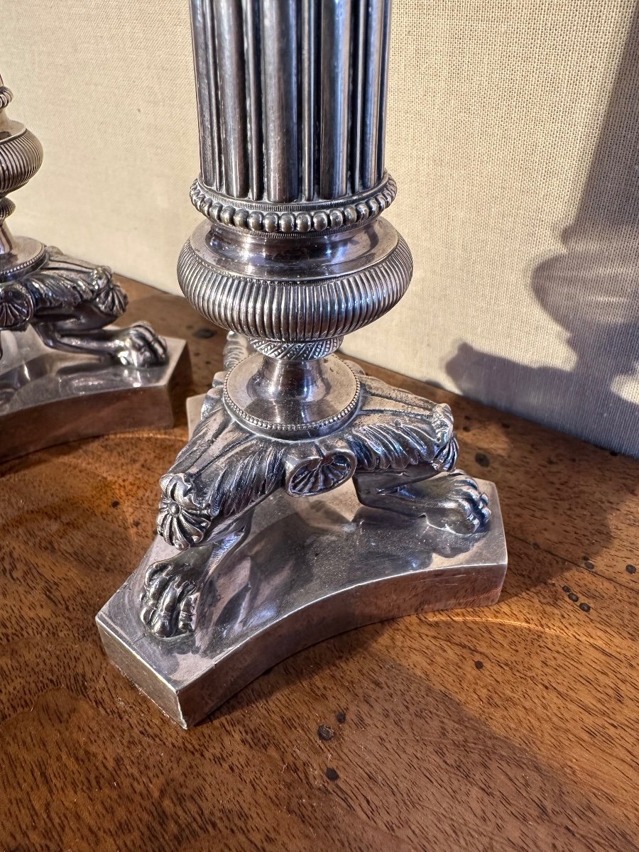 Pair Of Restoration Period Candlesticks In Silver-plated Bronze -photo-4