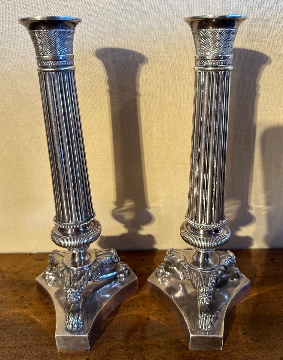 Pair Of Restoration Period Candlesticks In Silver-plated Bronze 