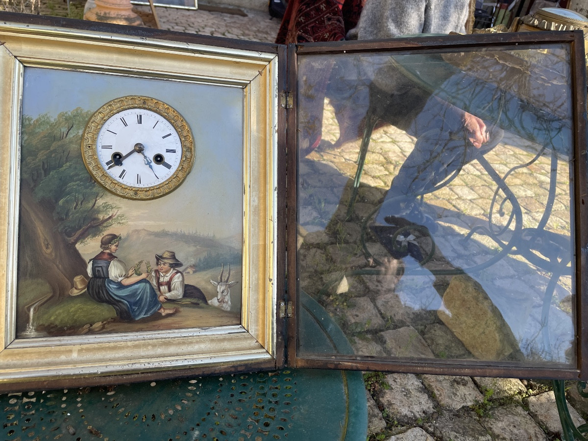 Swiss Clock Painting Circa 1840 With Decor Of A Shepherdess -photo-2