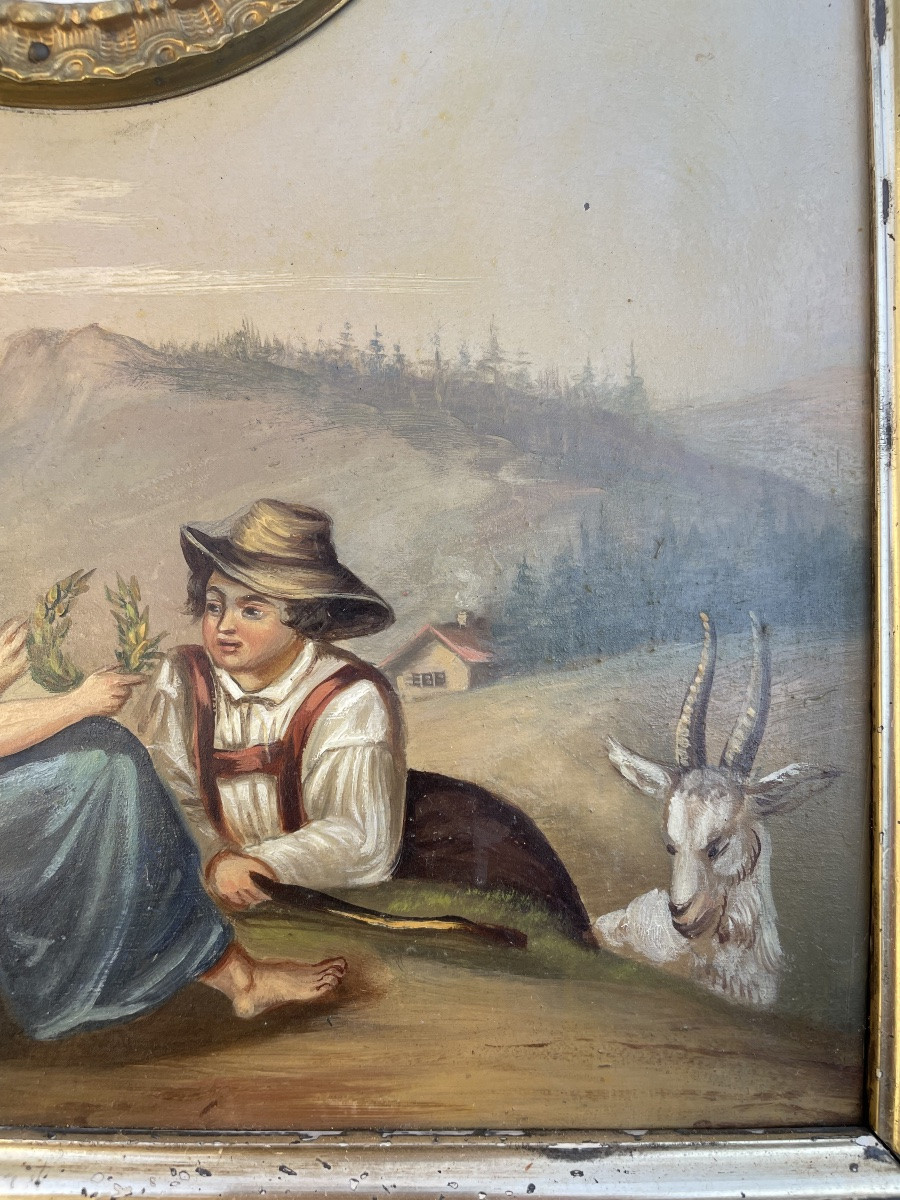 Swiss Clock Painting Circa 1840 With Decor Of A Shepherdess -photo-1