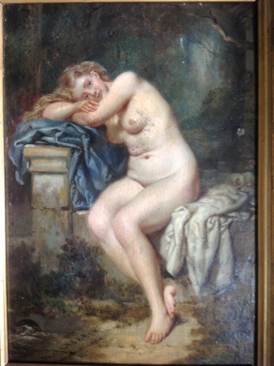 Oil On Panel Signed A. Lecaron Representing A Young Naked Girl On A Stone Bench-photo-3