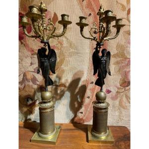 Pair Of Empire Period Candelabra In Bronze With 2 Patinas 