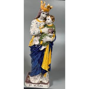 Virgin And Child In Earthenware From Nevers, 19th Century 