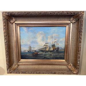 Oil On Panel Depicting Boats In The Harbor 