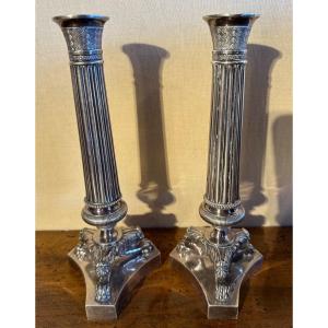 Pair Of Restoration Period Candlesticks In Silver-plated Bronze 