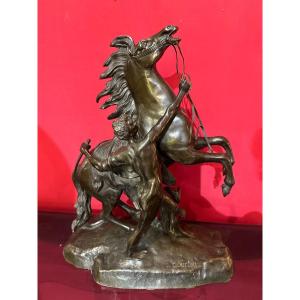 Bronze Representing The Horses Of Marly With Brown Patina By Coustou 