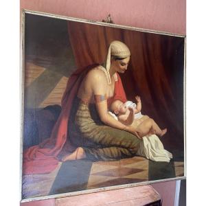 Huile Sur Toile Représentant La Présentation De Moise A La Cour D’égypte Par La Fille Du Pharao