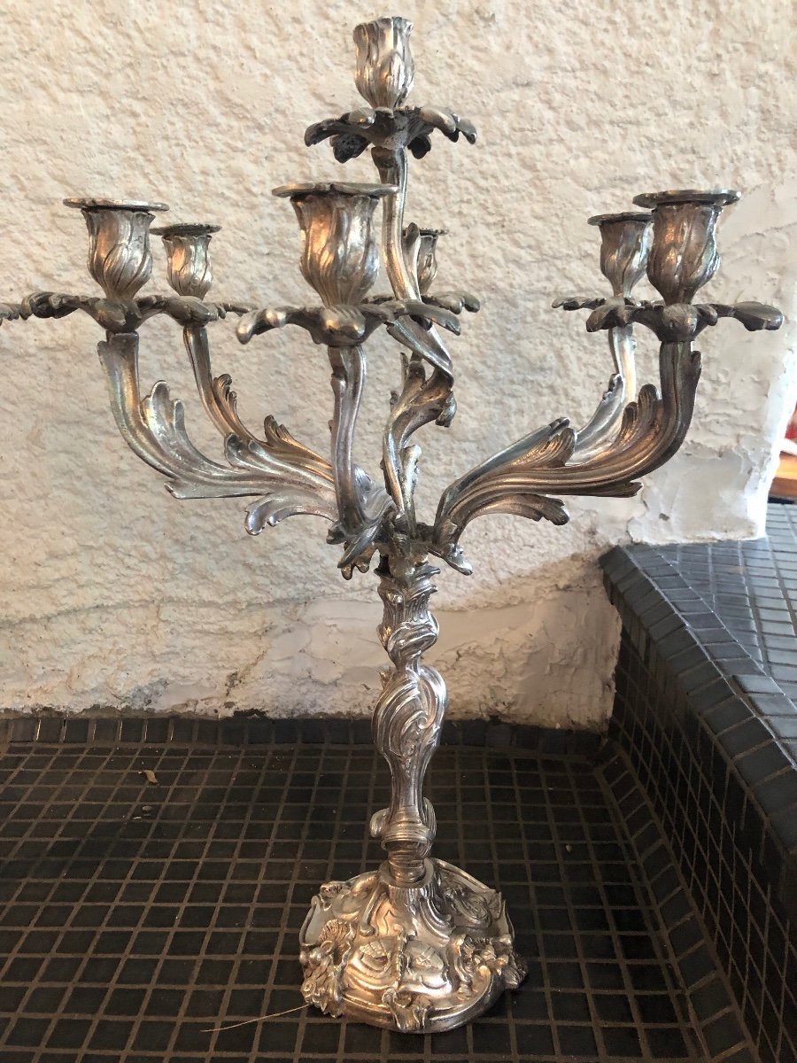 Pair Of Large Candelabra With 7 Branches In Silver Bronze-photo-2