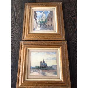 Pair Of Watercolors On Paris Notre Dame And Sacré Coeur 