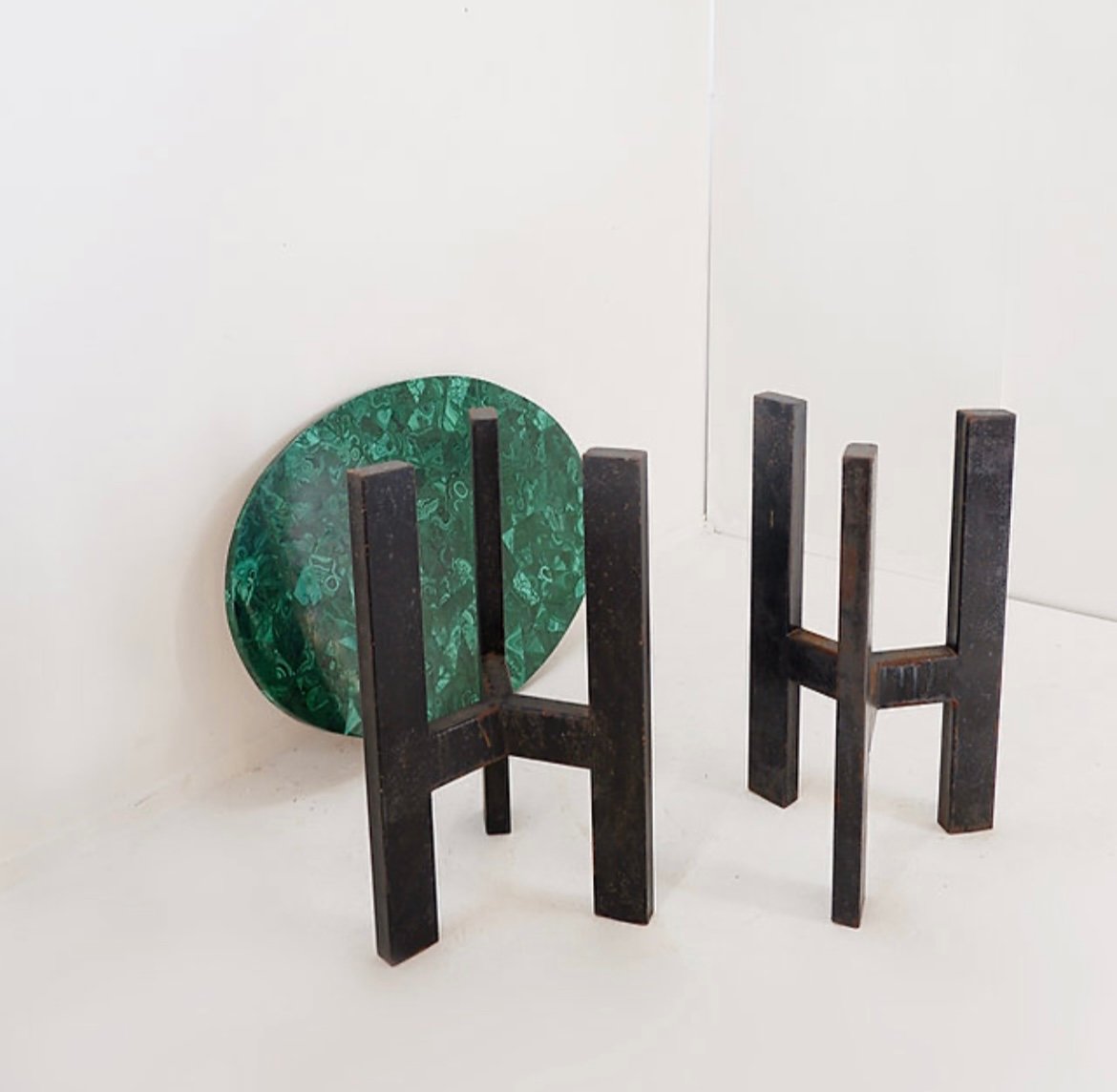 Console Table With Malachite Top On Double Tripod Base In Black Metal-photo-2