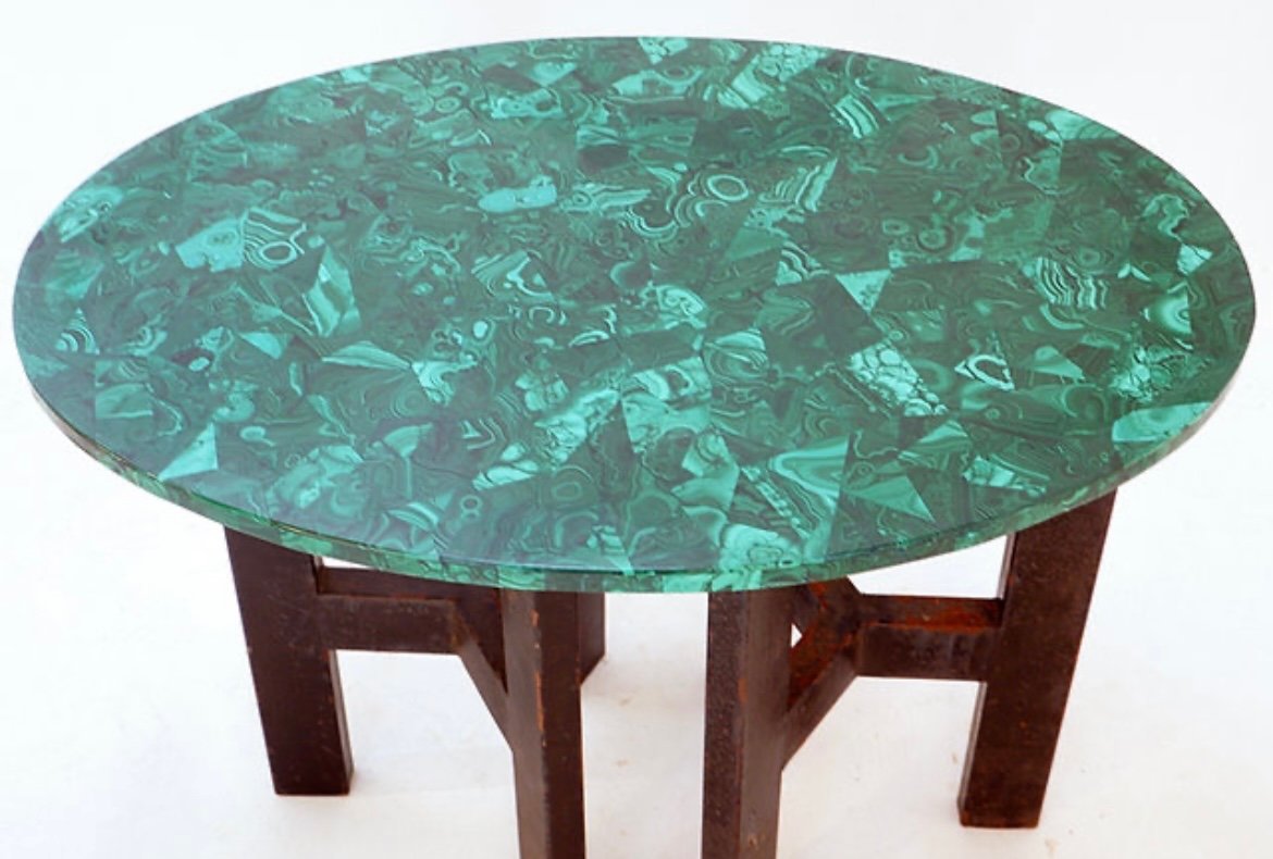 Console Table With Malachite Top On Double Tripod Base In Black Metal-photo-3