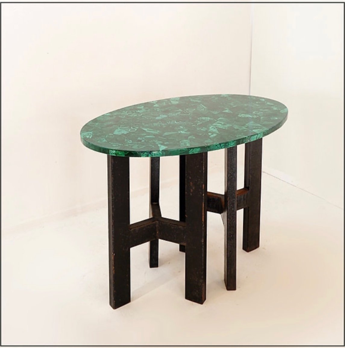 Console Table With Malachite Top On Double Tripod Base In Black Metal