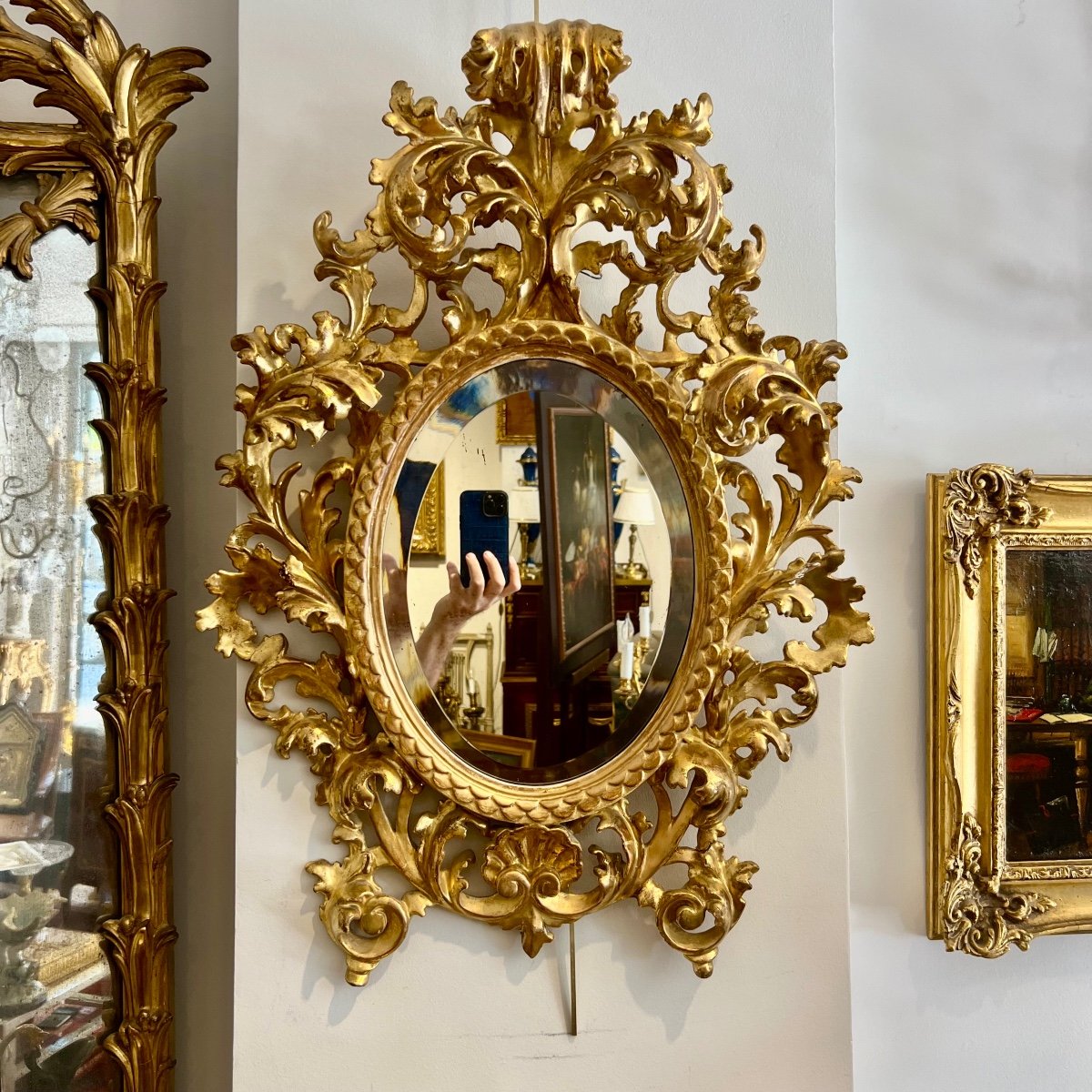 Miroir Baroque En Bois Sculpté Et Doré, Italie 19eme Siècle -photo-2