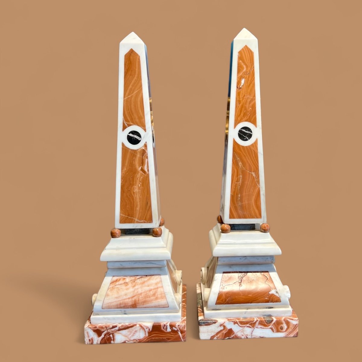 Pair Of Obelisks In White And Red Marble From Sicily, 19th -photo-2