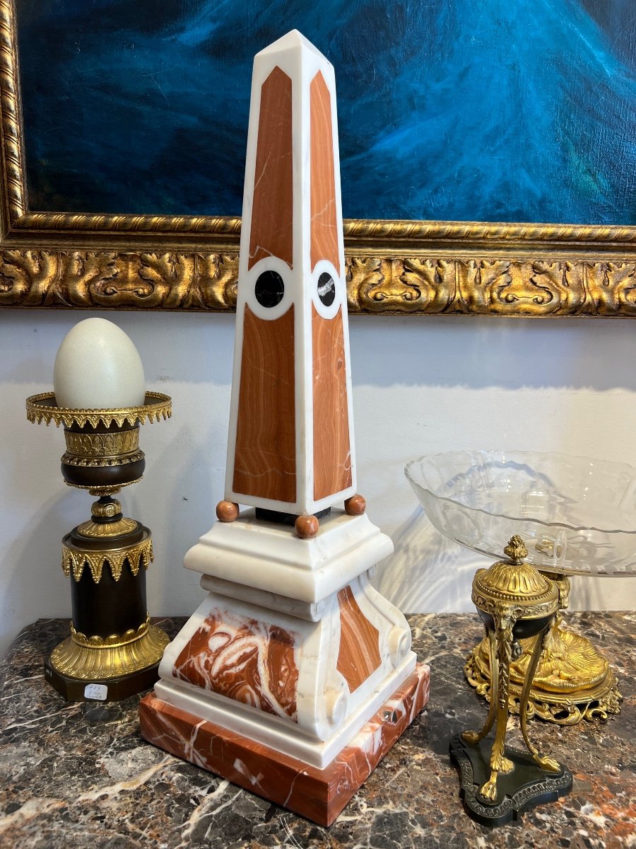 Pair Of Obelisks In White And Red Marble From Sicily, 19th -photo-3