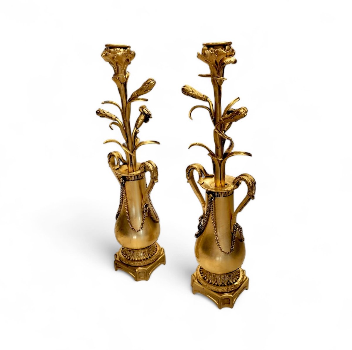 Paire De Candélabre En Bronze Ciselé Doré Style Louis XVI-photo-3