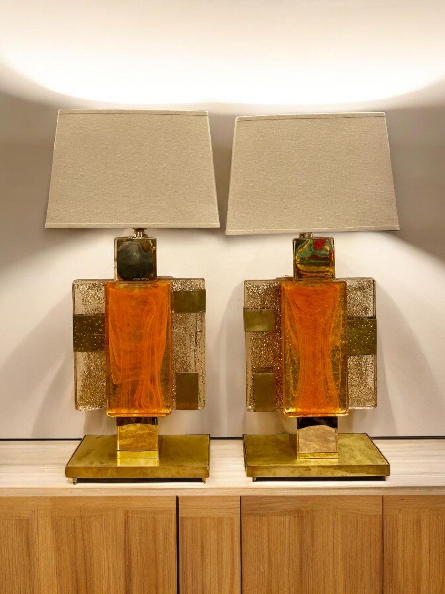 Pair Of Designer Lamps In Glass And Gilded Brass, Murano, 1970s-photo-3