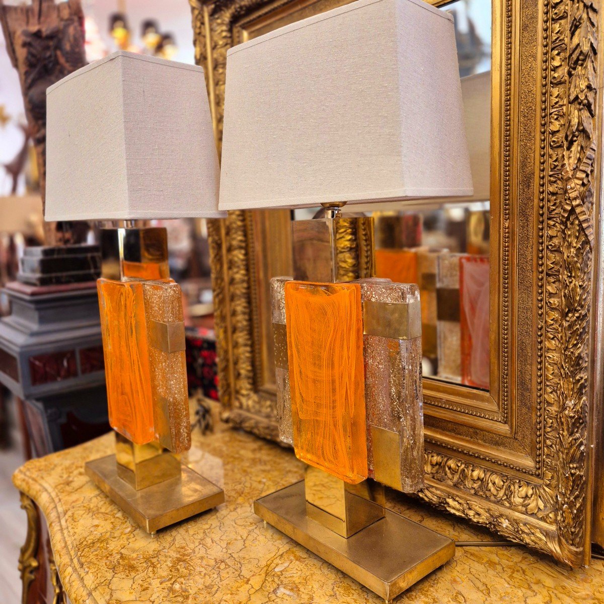 Pair Of Designer Lamps In Glass And Gilded Brass, Murano, 1970s-photo-5