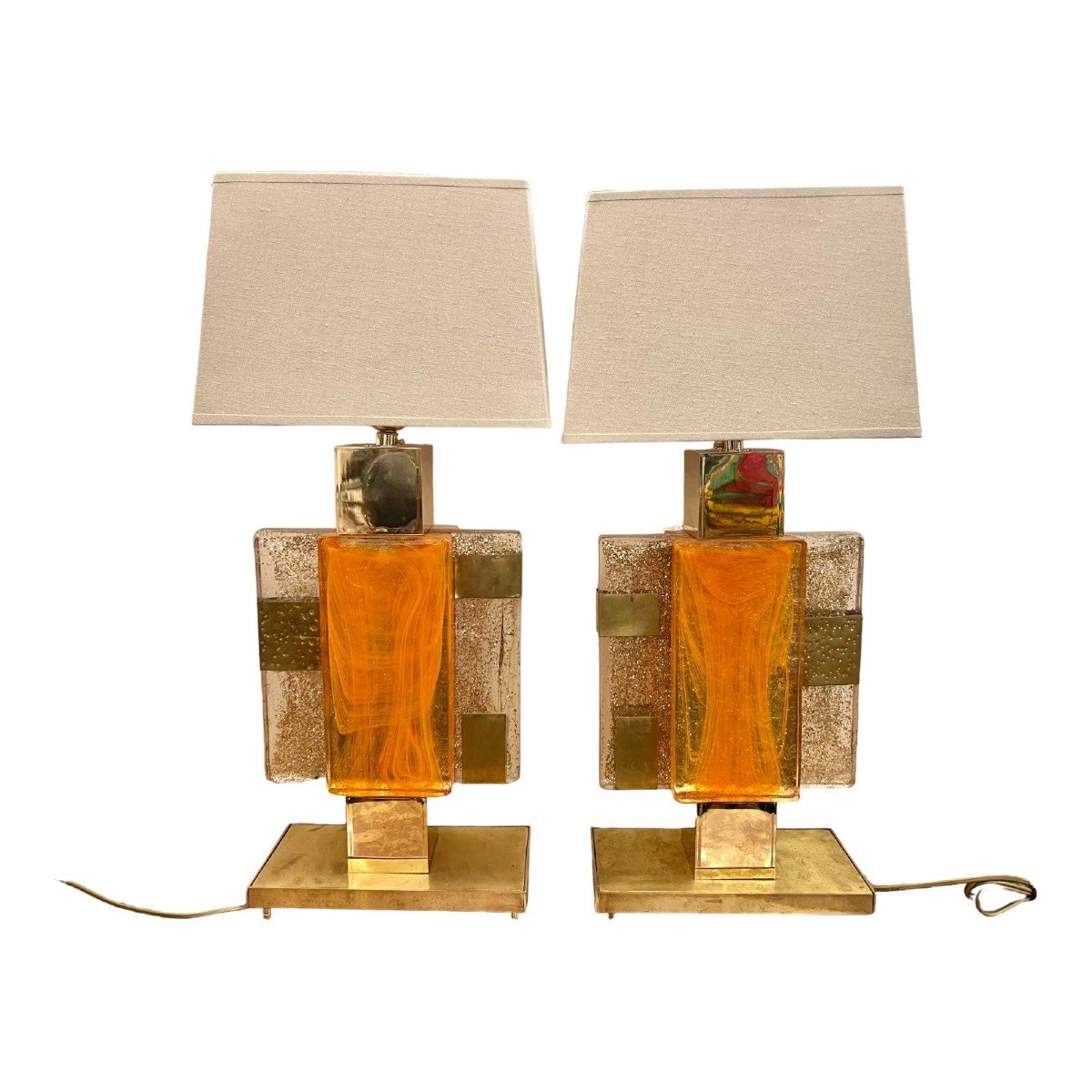 Pair Of Designer Lamps In Glass And Gilded Brass, Murano, 1970s-photo-8