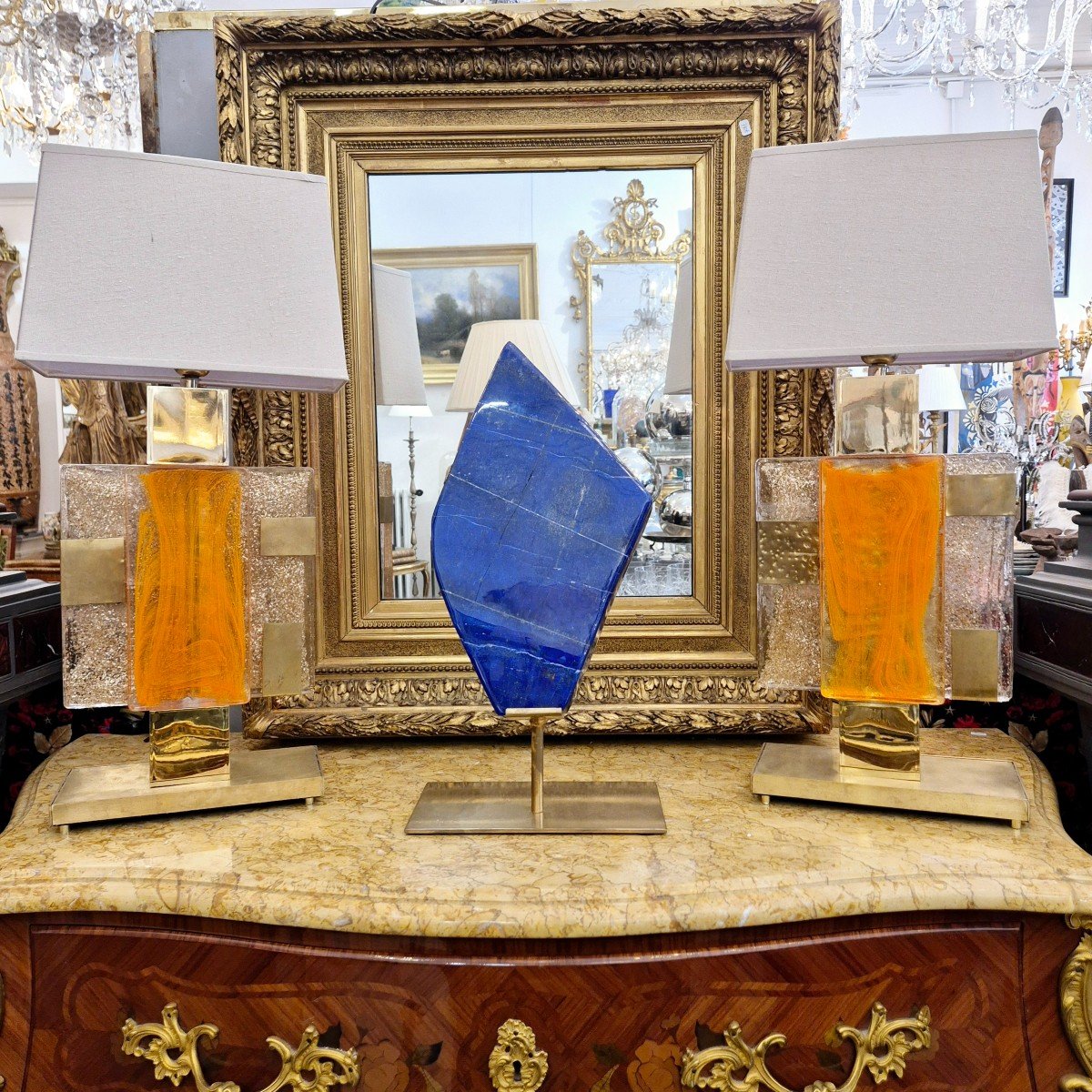 Pair Of Designer Lamps In Glass And Gilded Brass, Murano, 1970s