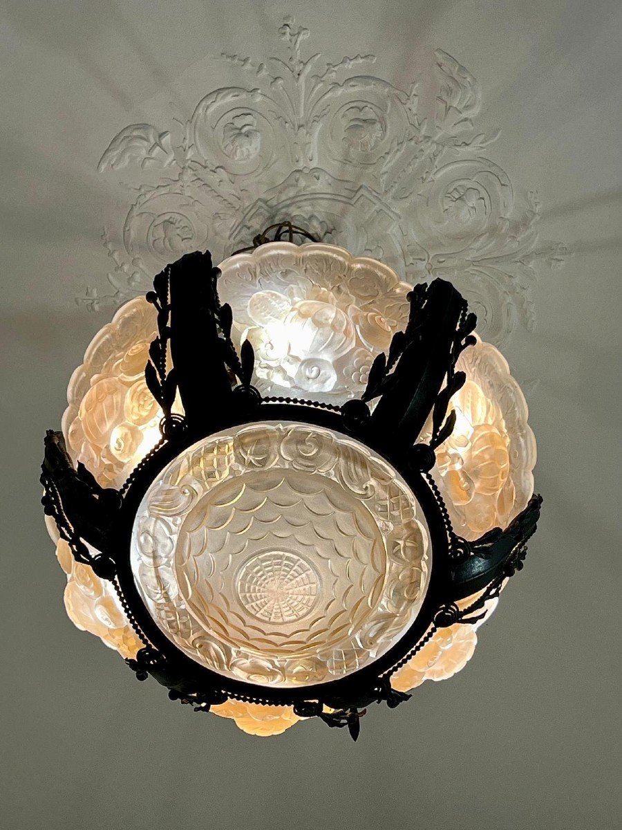 Rare And Large Glass Plaque Chandelier, Val Saint Lambert, Art Deco Period, Circa 1930. -photo-4