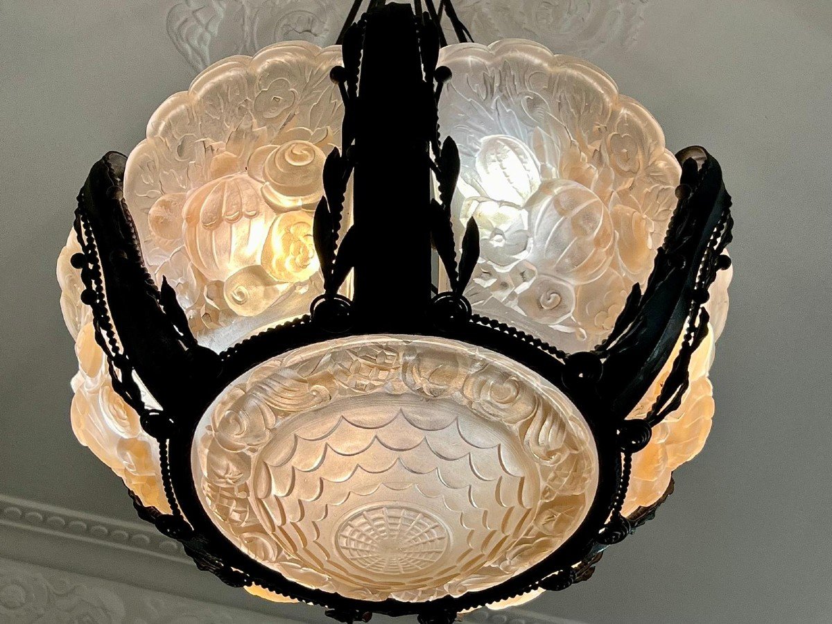 Rare And Large Glass Plaque Chandelier, Val Saint Lambert, Art Deco Period, Circa 1930. -photo-6