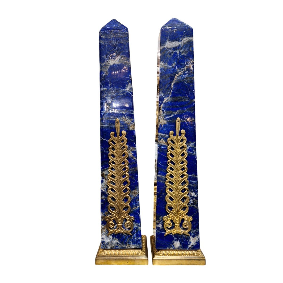 Pair Of Large Lapis Lazuli Obelisks With Gilt Bronze Palmette Decor, 19th Century -photo-2