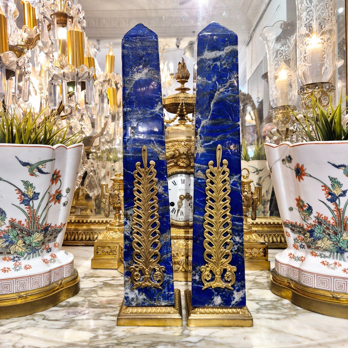 Pair Of Large Lapis Lazuli Obelisks With Gilt Bronze Palmette Decor, 19th Century -photo-3