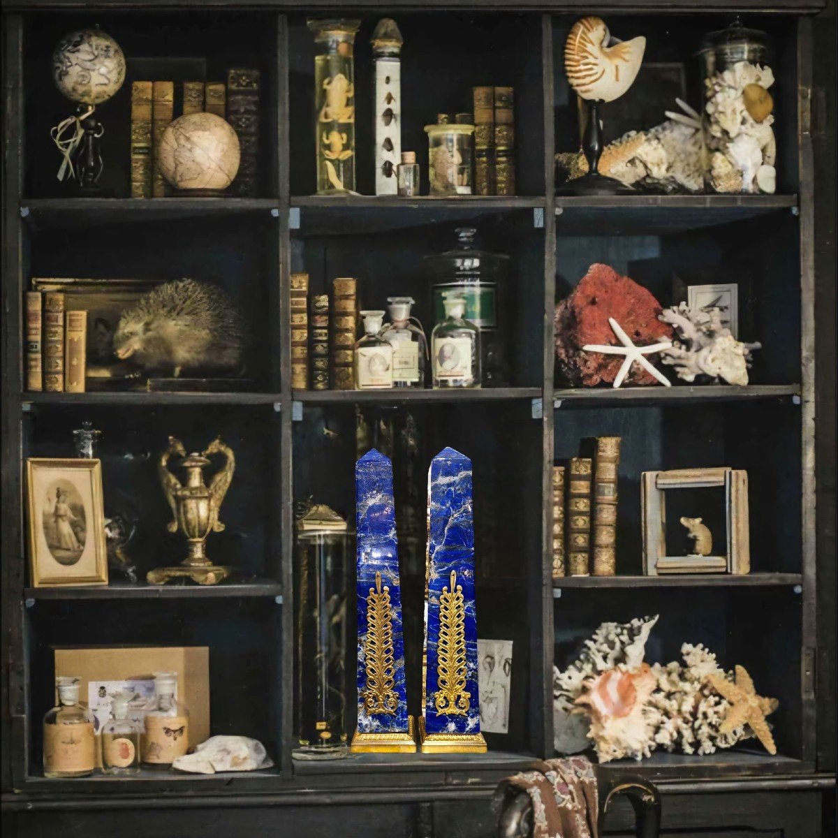 Pair Of Large Lapis Lazuli Obelisks With Gilt Bronze Palmette Decor, 19th Century -photo-4