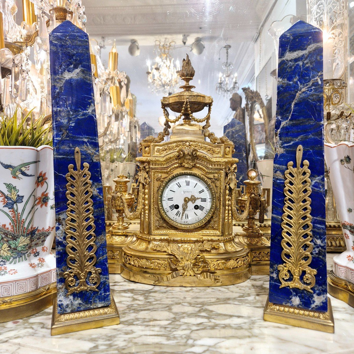 Pair Of Large Lapis Lazuli Obelisks With Gilt Bronze Palmette Decor, 19th Century -photo-3