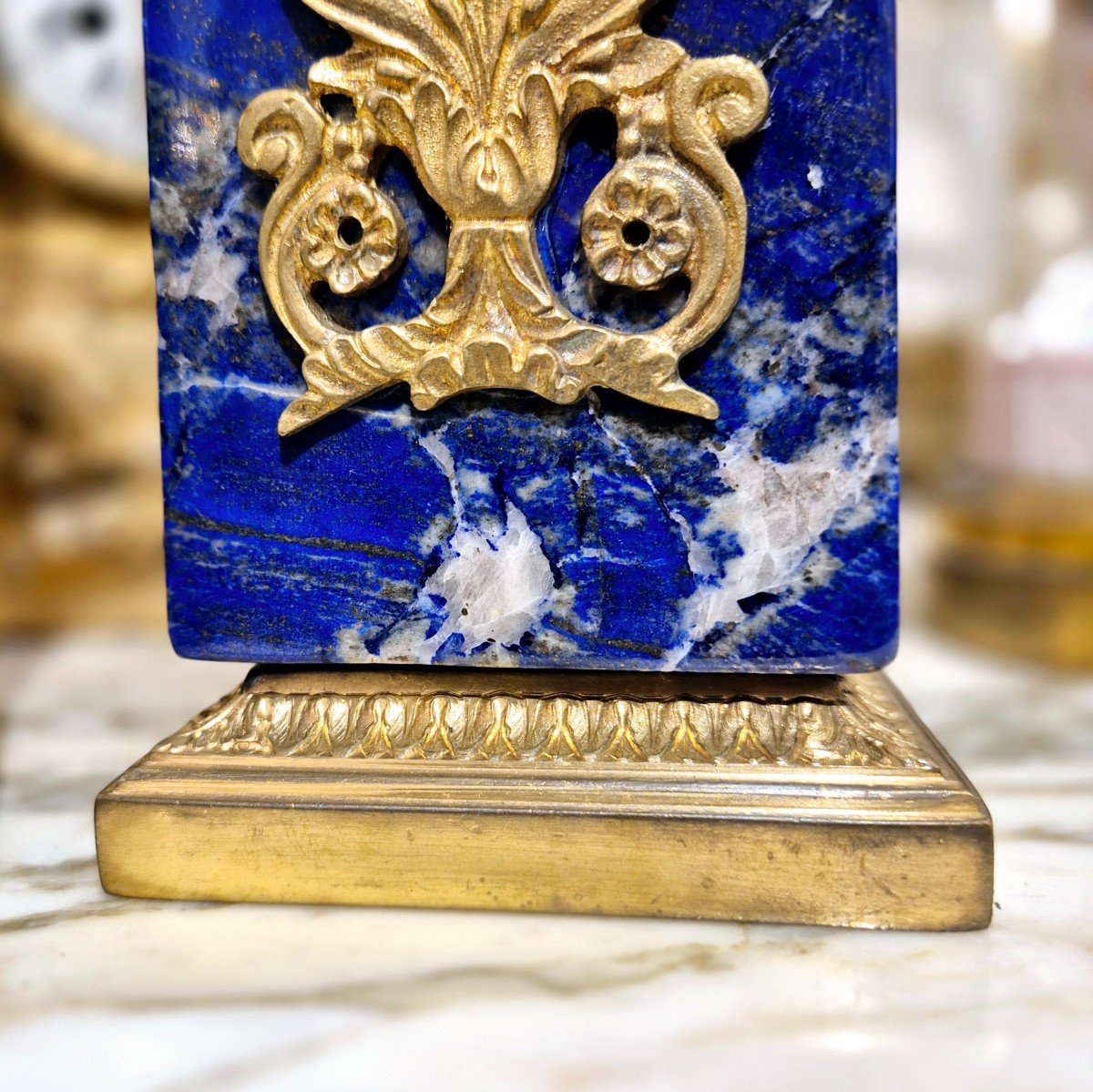 Pair Of Large Lapis Lazuli Obelisks With Gilt Bronze Palmette Decor, 19th Century -photo-4