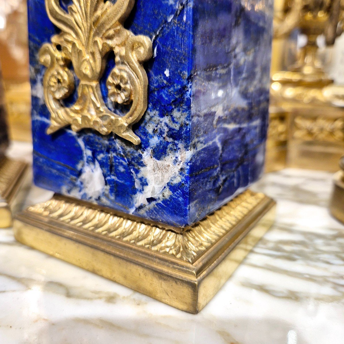 Pair Of Large Lapis Lazuli Obelisks With Gilt Bronze Palmette Decor, 19th Century -photo-5