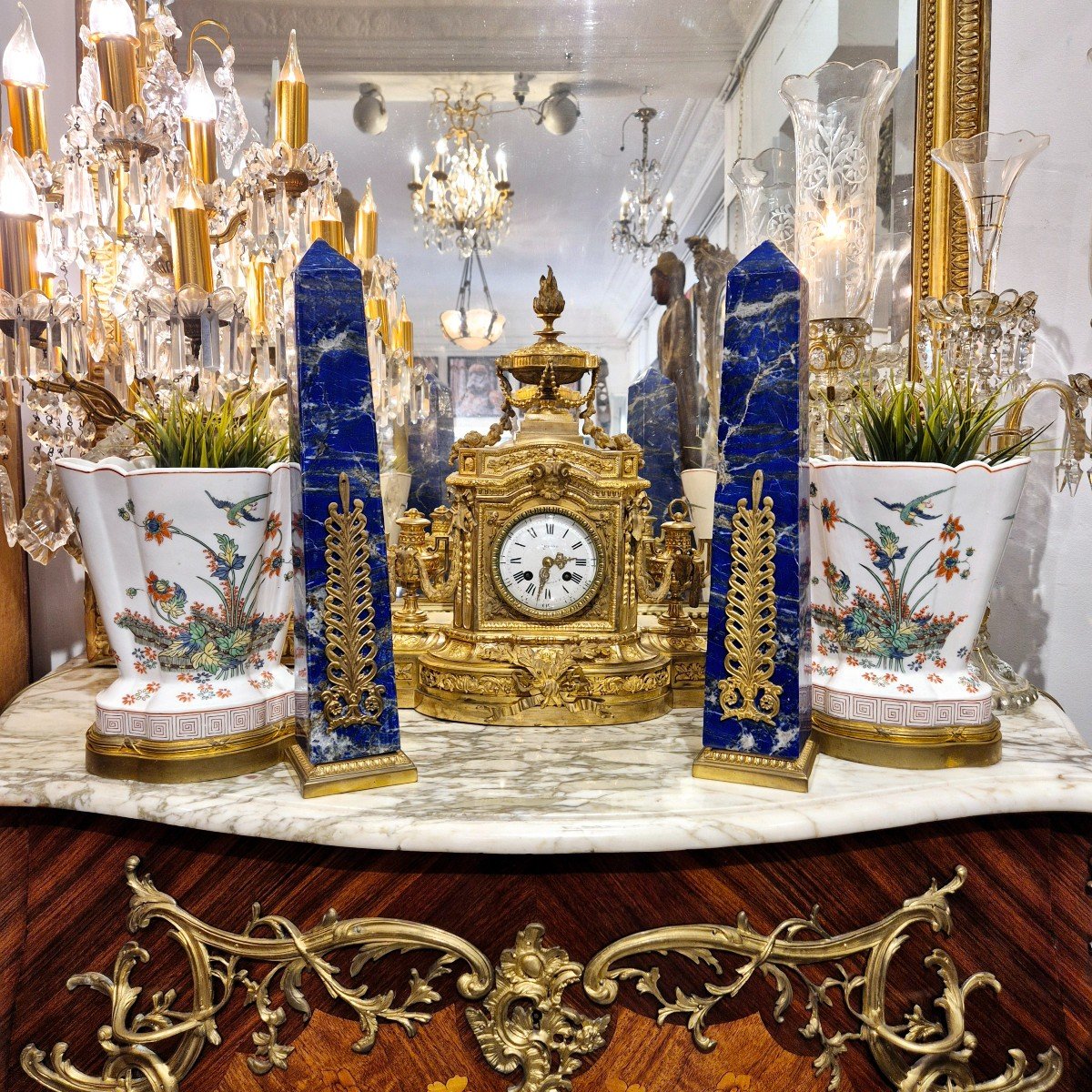 Pair Of Large Lapis Lazuli Obelisks With Gilt Bronze Palmette Decor, 19th Century 