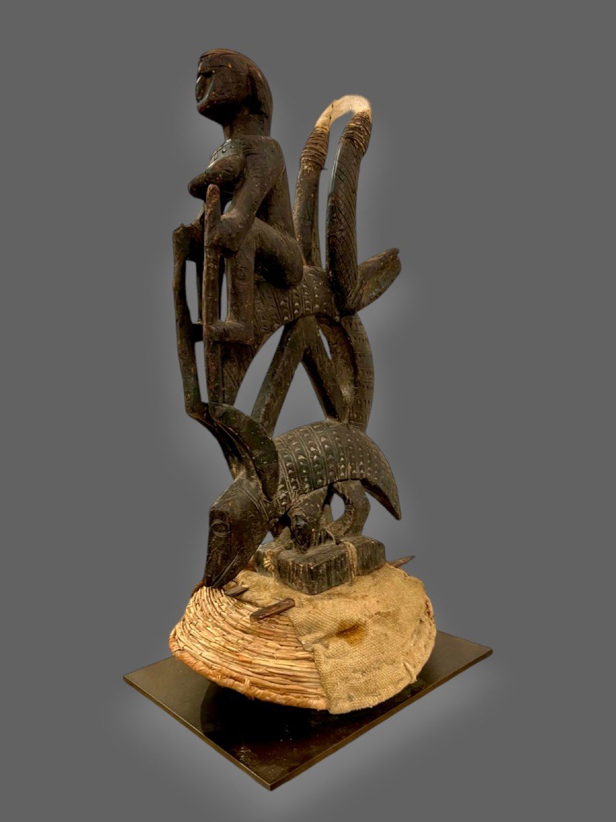 Coiffe Ciwara Bambara En Bois Sculpté Et Vannerie, Mali, Début 20ème Siècle-photo-1