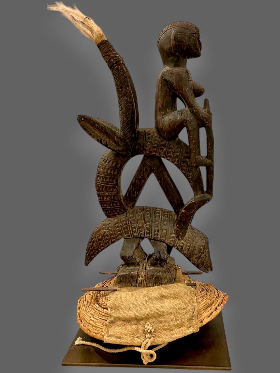 Coiffe Ciwara Bambara En Bois Sculpté Et Vannerie, Mali, Début 20ème Siècle-photo-2