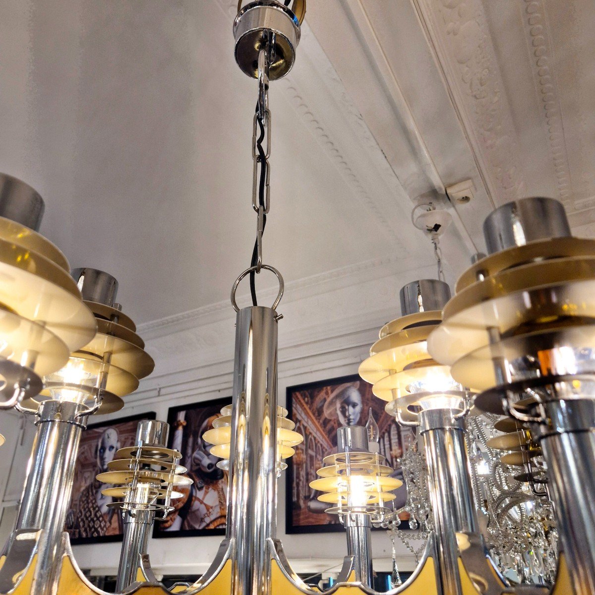 Space Age Nine-arm Chromed Metal Chandelier By Gaetano Sciolari, Mid 20th Century-photo-1