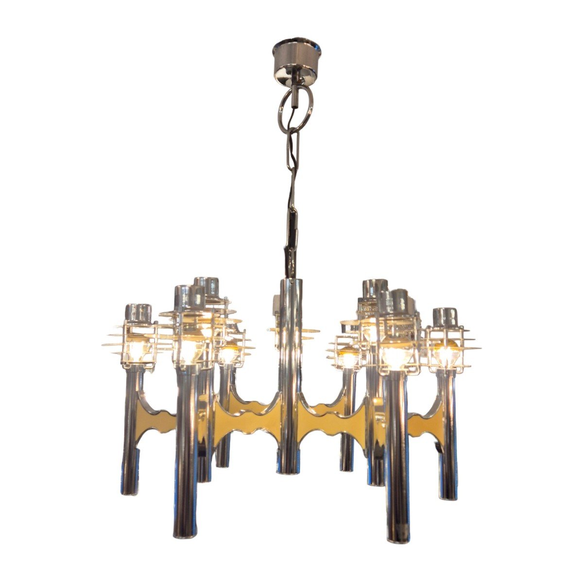 Space Age Nine-arm Chromed Metal Chandelier By Gaetano Sciolari, Mid 20th Century