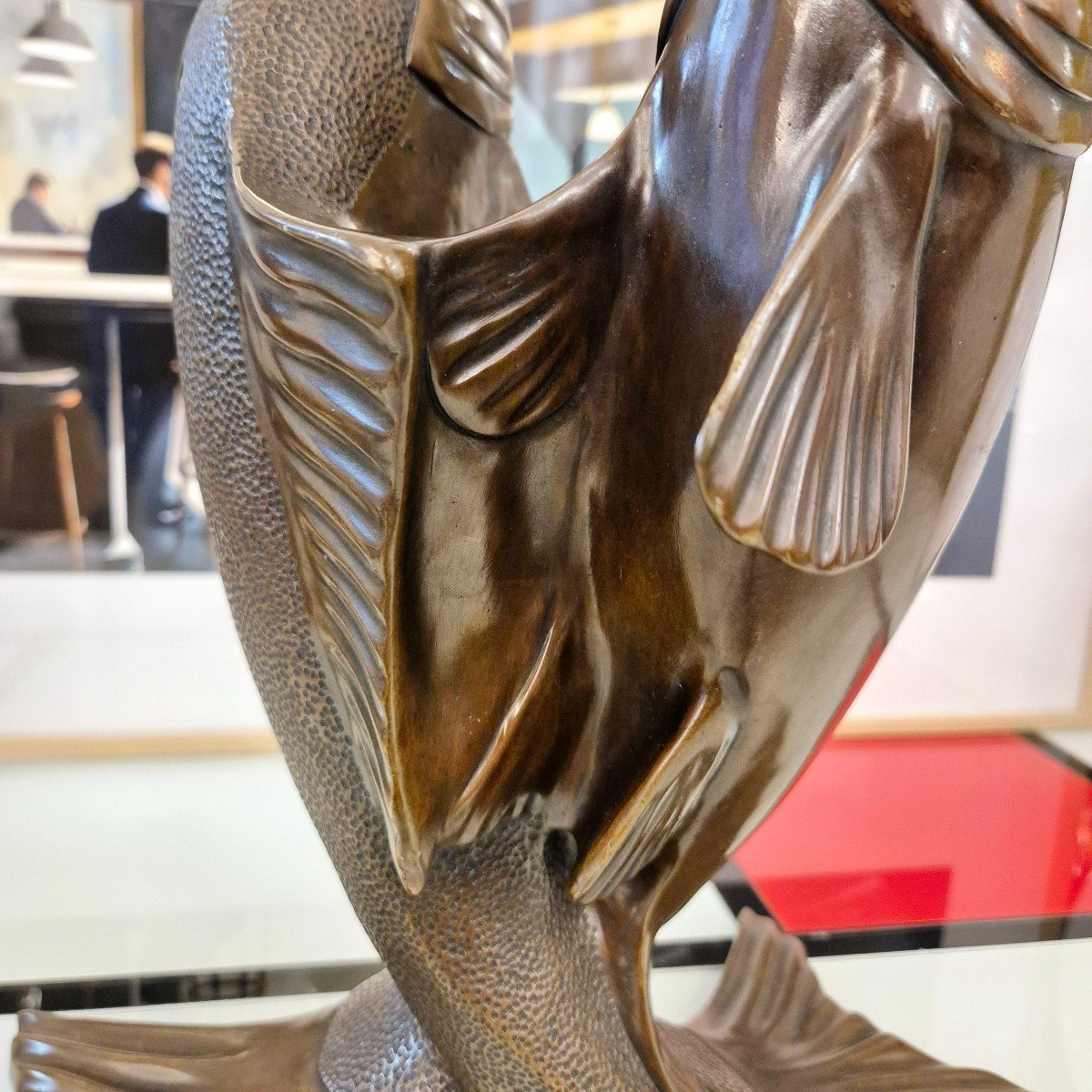 Deux Carpes Enlacées, Bronze Patiné, Edouard Marcel Sandoz, Circa 1920-photo-4