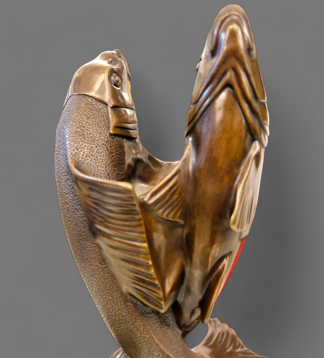 Deux Carpes Enlacées, Bronze Patiné, Edouard Marcel Sandoz, Circa 1920-photo-8