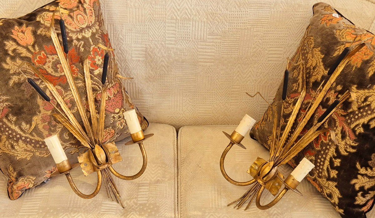 Pair Of Two-light Reed Wall Lights In Gold Leaf Gilded Metal, Ferro Art, Circa 1960-photo-4