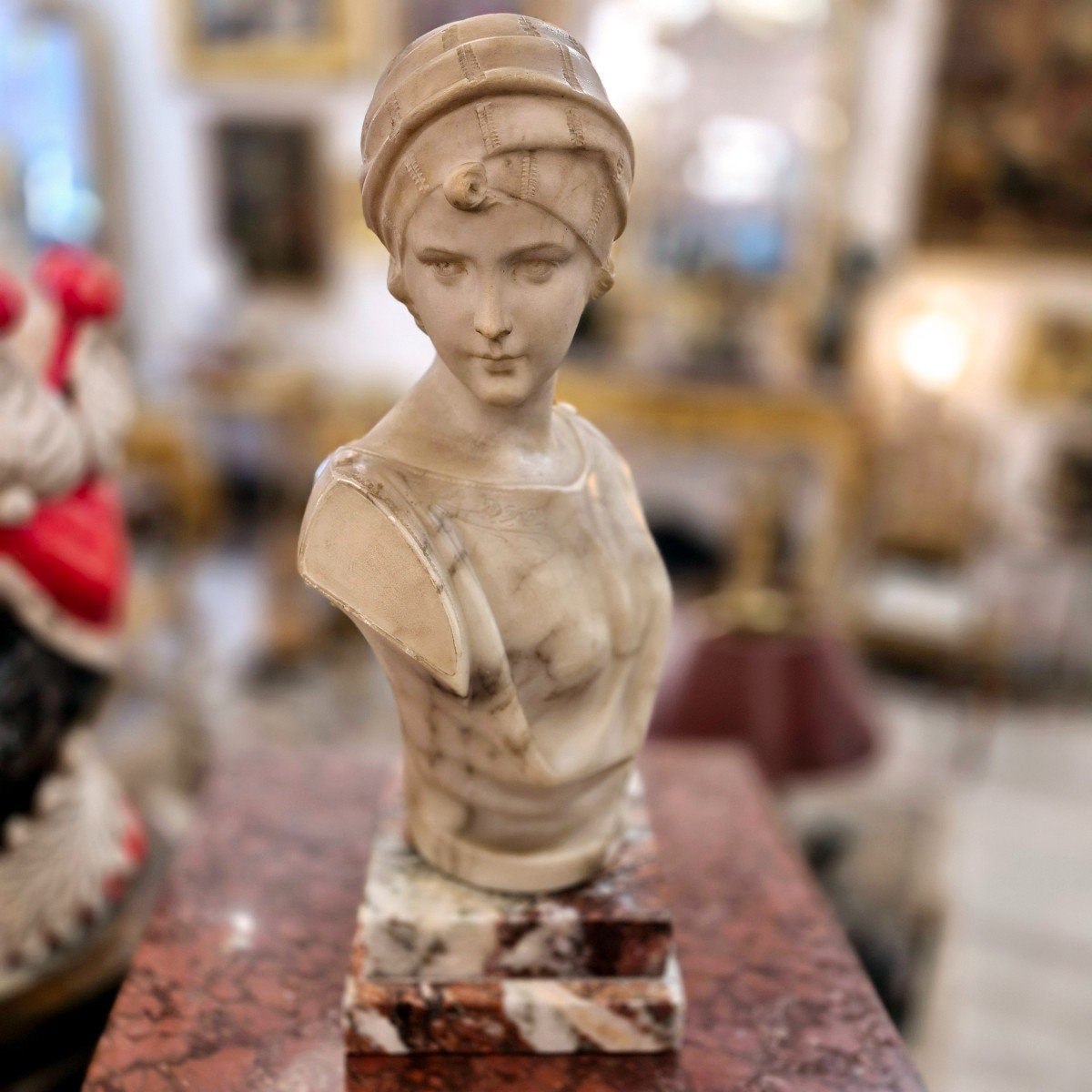 Young Woman With Turban, Alabaster And Carrara Marble, Signed Pugi, 19th Century-photo-2