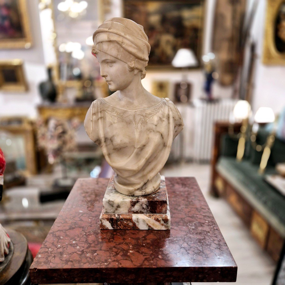 Young Woman With Turban, Alabaster And Carrara Marble, Signed Pugi, 19th Century-photo-3