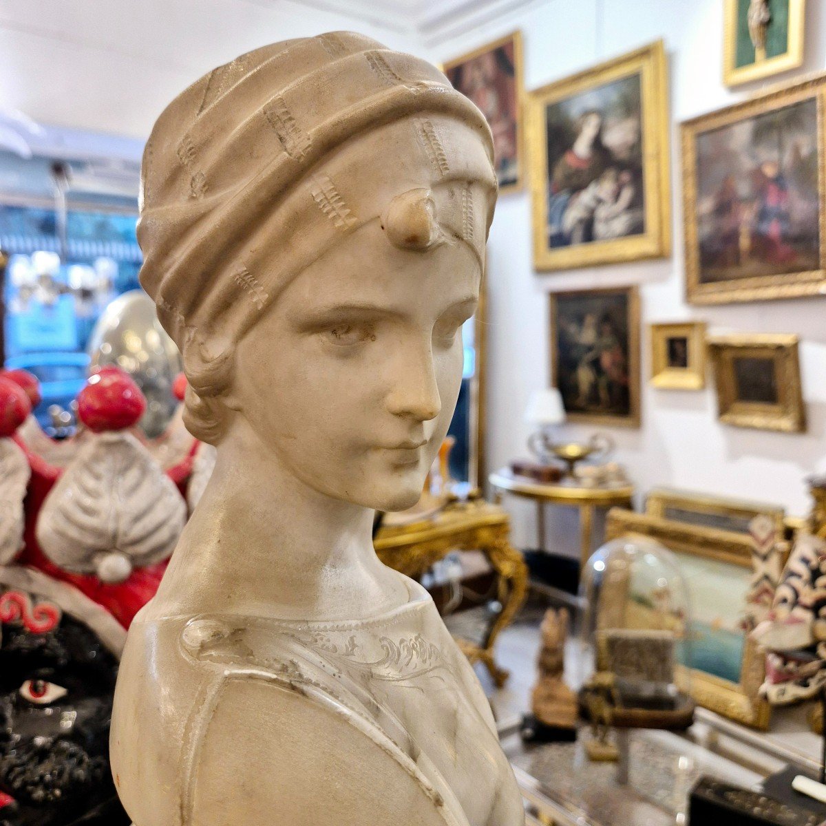 Young Woman With Turban, Alabaster And Carrara Marble, Signed Pugi, 19th Century-photo-1