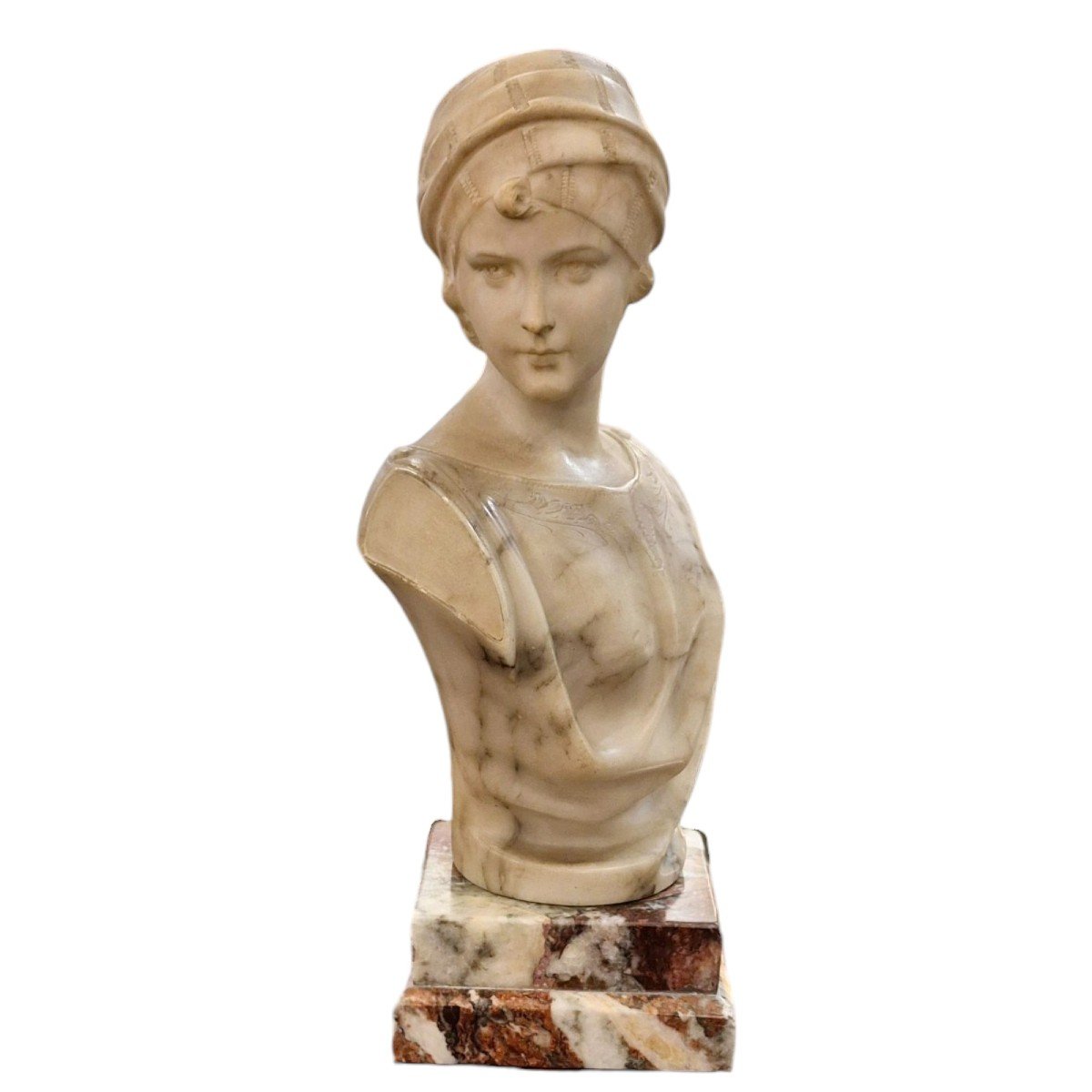 Young Woman With Turban, Alabaster And Carrara Marble, Signed Pugi, 19th Century-photo-5