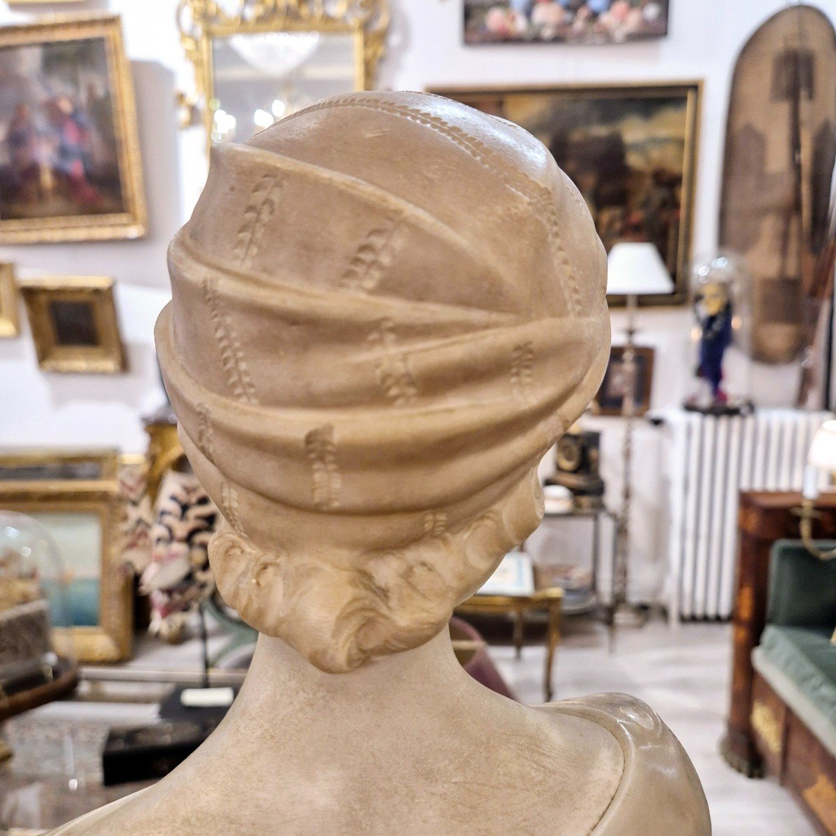 Young Woman With Turban, Alabaster And Carrara Marble, Signed Pugi, 19th Century-photo-8