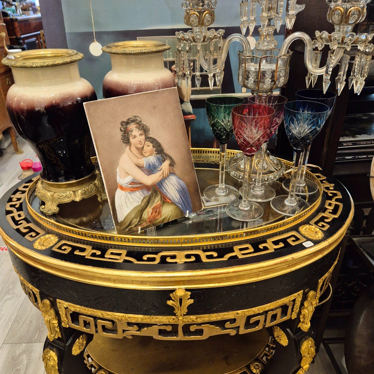 Porcelain Painting Representing The Work Madame Vigée Le Brun And Her Daughter, 19th Century-photo-1